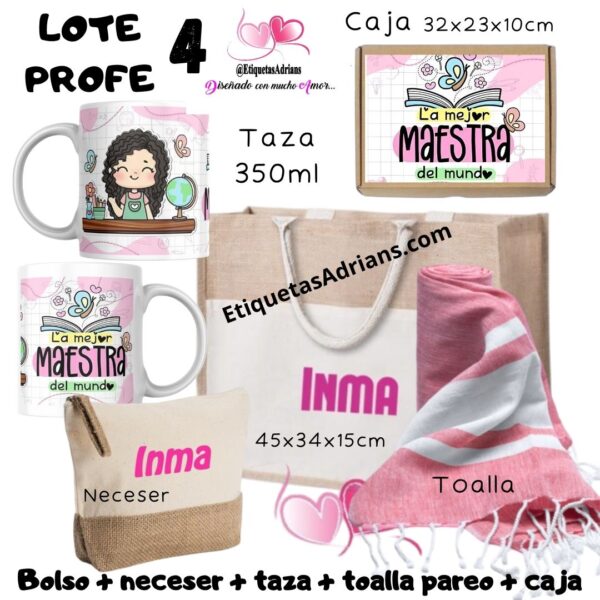 Lote 4 Profe Bolso neceser pareo taza caja